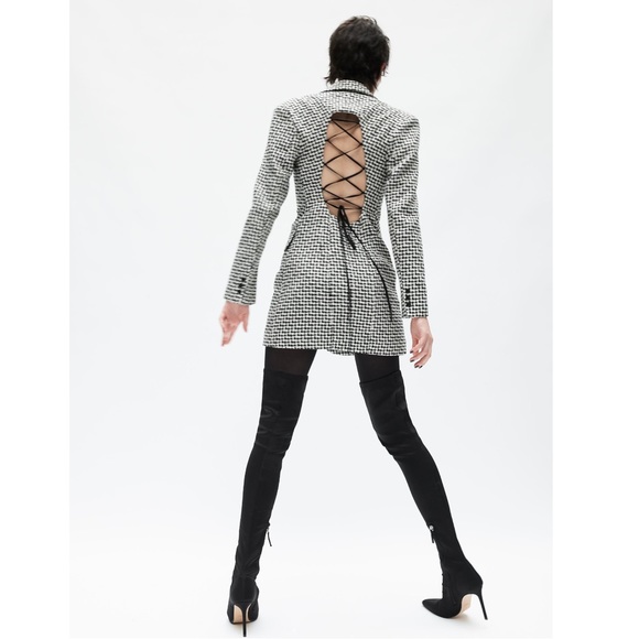 ZARA Tweed Houndstooth Lace Up Open Back Preppy Academia Blazer Mini Dress S - Picture 5 of 16